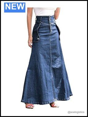 High Waist Denim Maxi Skirt A-Line Flare Ruffle Swing Long Skirt